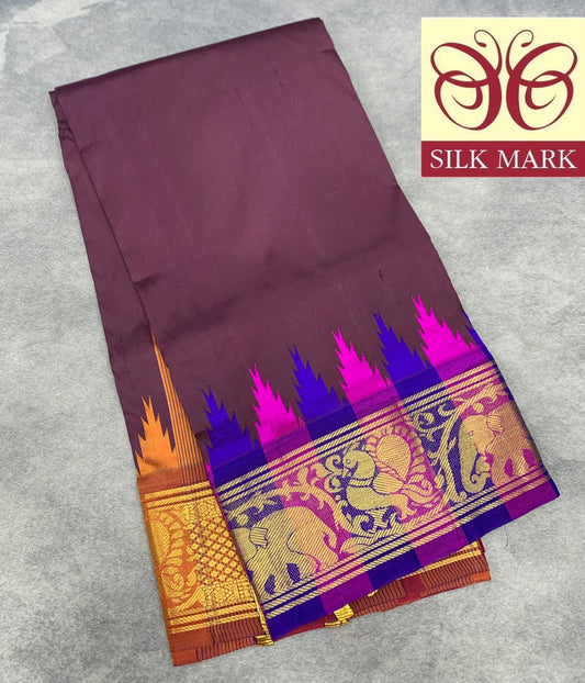 6 Mulam Silk Pooja Towel Brown Colour with Ganga Jamuna Korvai Border