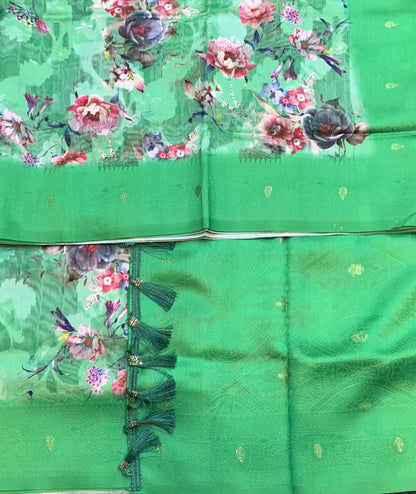 Digital Print Cotton Saree Light Green Colour with Floral Pattern