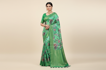 Digital Print Cotton Saree Light Green Colour with Floral Pattern
