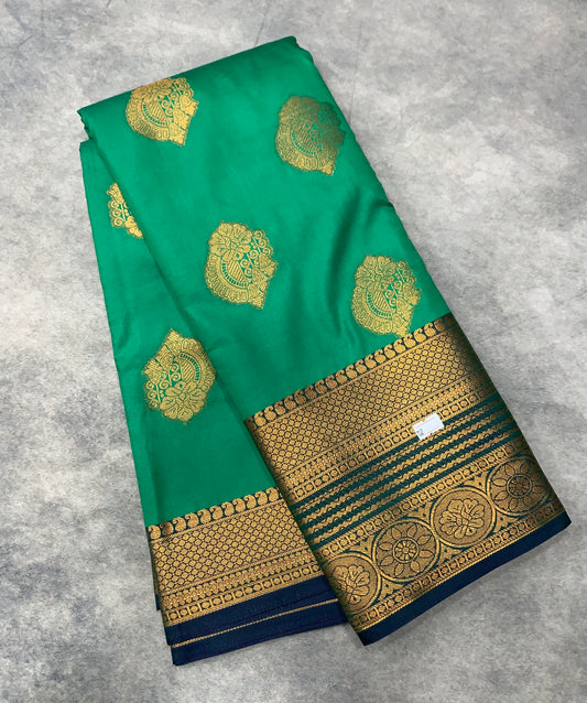 Soft Silk Casual Saree Light Green Colour with Blue and Golden Colour Border