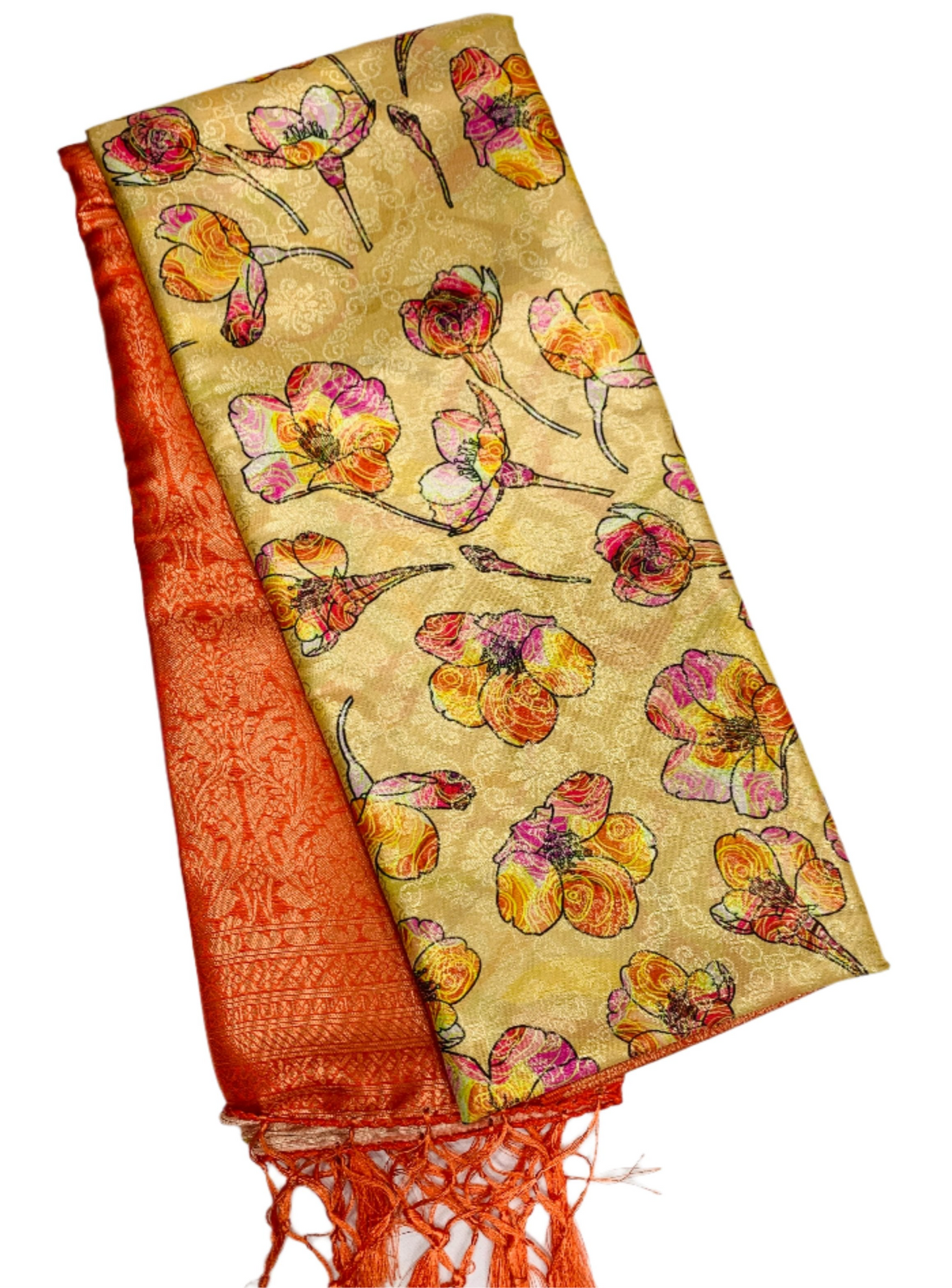 Digital Print Silk Saree Orange Colour with Floral Pattern