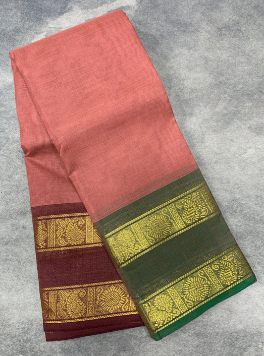 Chettinad Cotton Saree Onion Pink Colour with Rettai Pettu Border