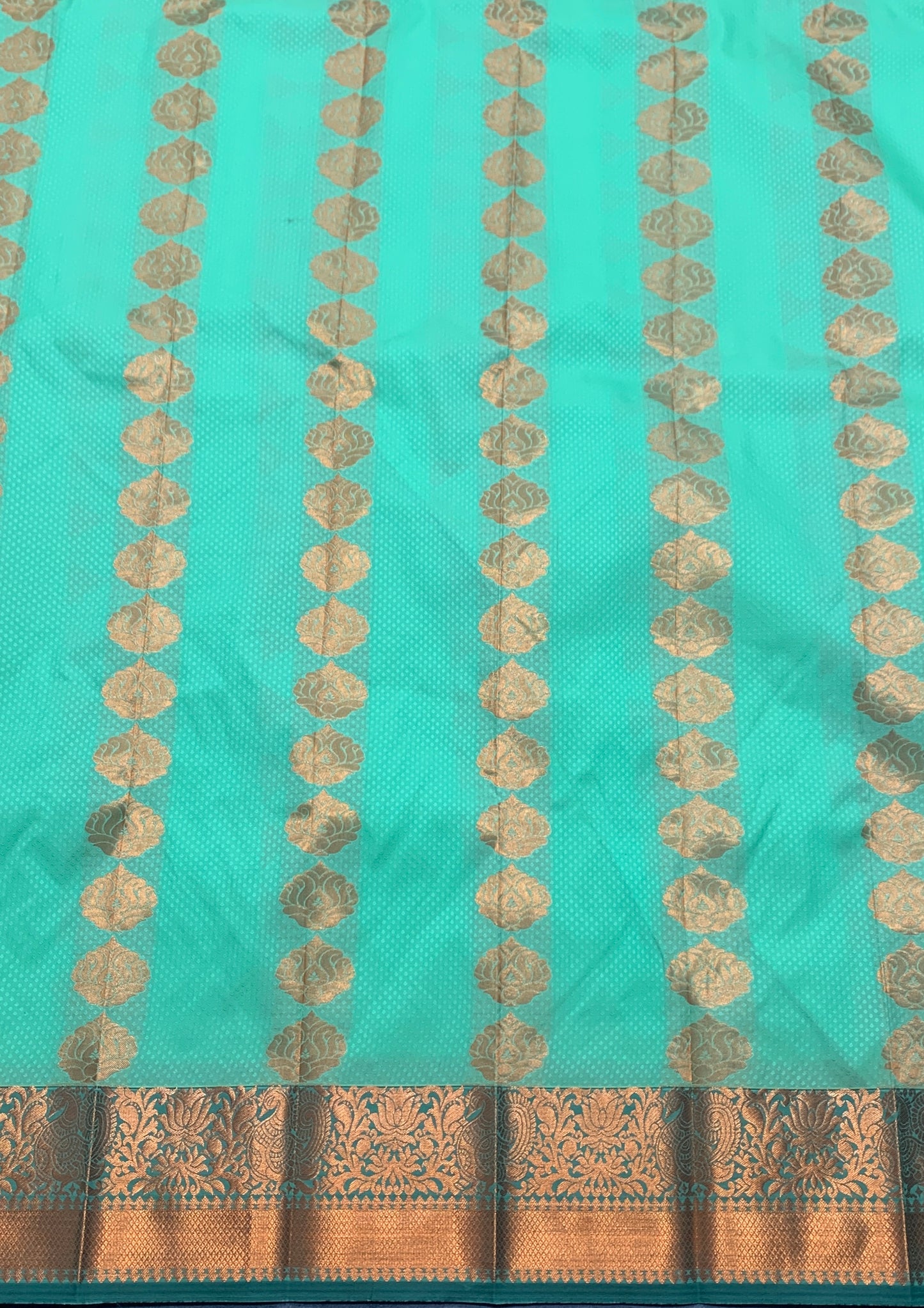 Vegan Silk Saree Light Green Colour Saree with Copper and Green Border