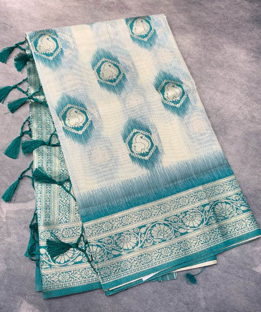 Banaras Katan Saree Off White Colour with Rama Green Katan Work Border