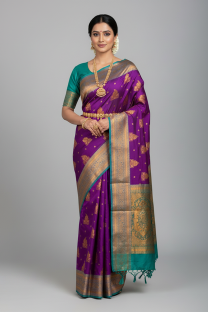 Soft Silk Casual Saree Purple Colour with Rama Green and Golden Colour Border