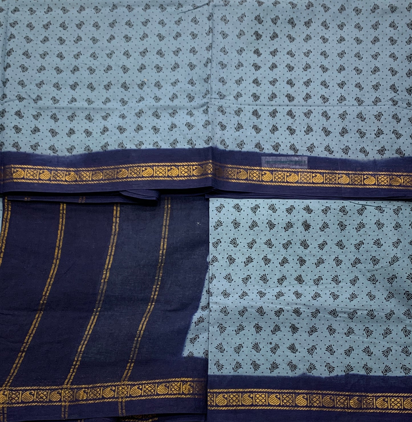 9 yards Cotton Saree Gray with Navy Blue Border