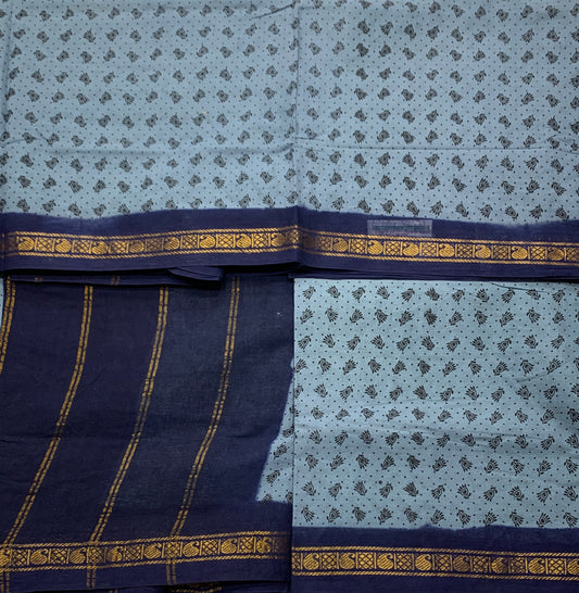 9 yards Cotton Saree Gray with Navy Blue Border