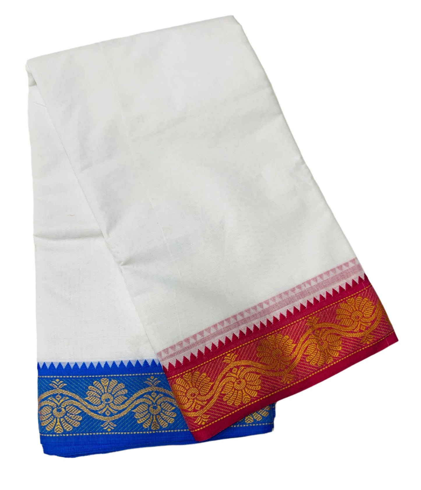 9X5 Cotton Dhoti White Pink and Sky Blue Border with Angavastram
