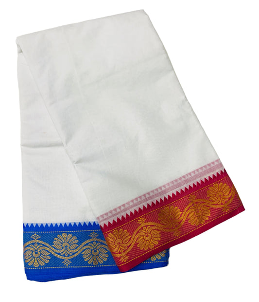 9X5 Cotton Dhoti White Pink and Sky Blue Border with Angavastram