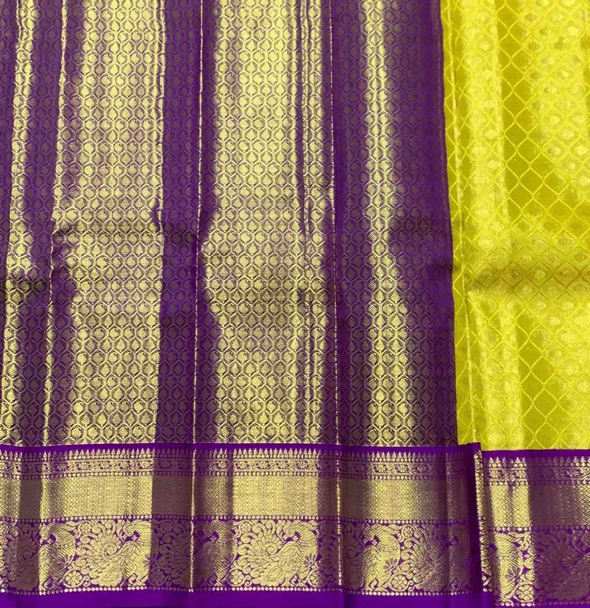 Yellow Shade Pure Kanchipuram Kids Pattu Pavadai with Contrast Border for Newborn to 2 Years
