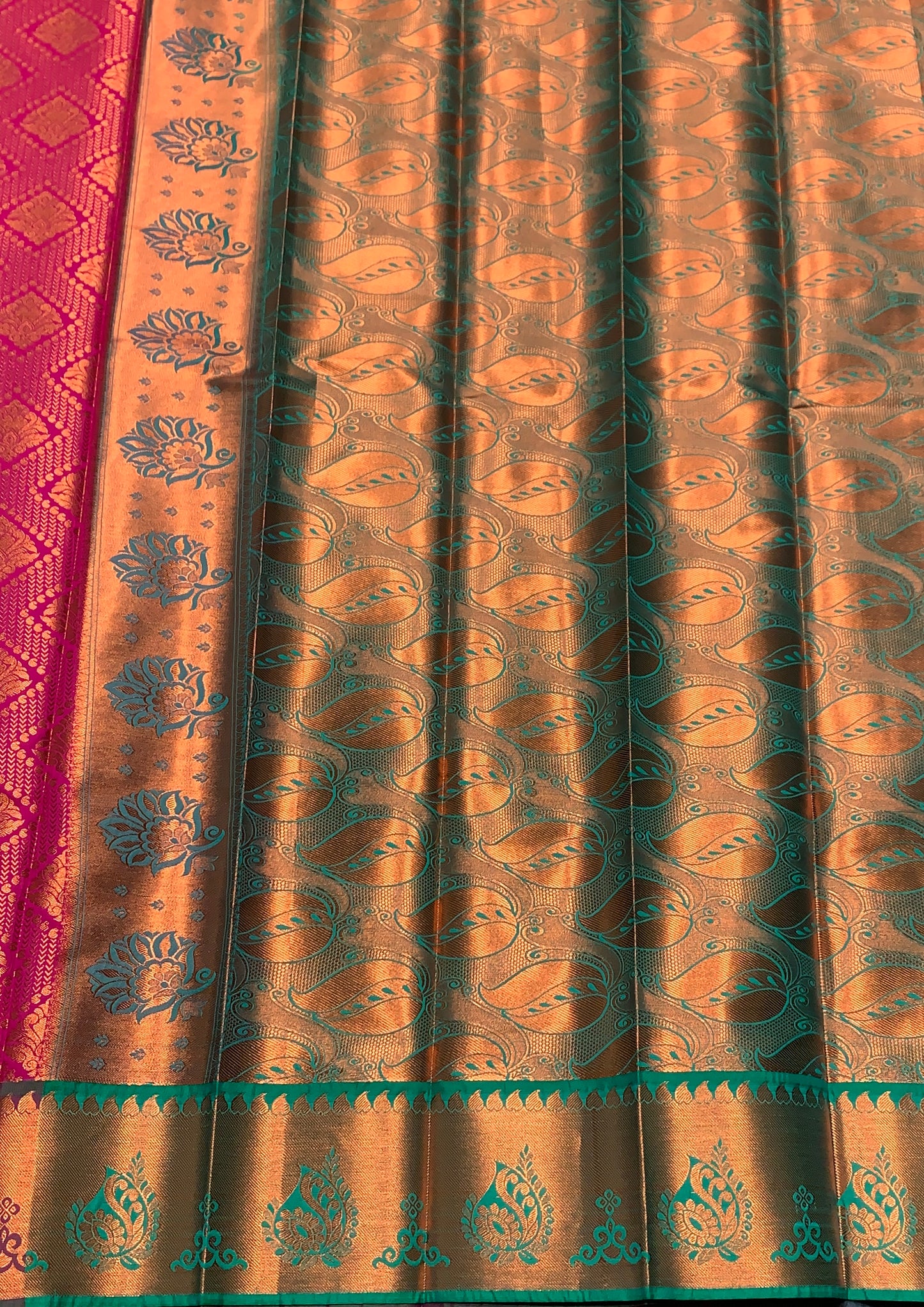 Vegan Silk Saree Pink Colour with Light Green and Copper Border