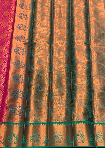 Vegan Silk Saree Pink Colour with Light Green and Copper Border