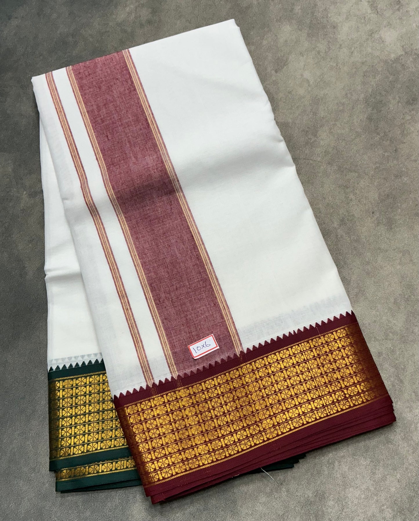 10X6 Cotton Dhoti White Colour with Large Maroon and Green Border