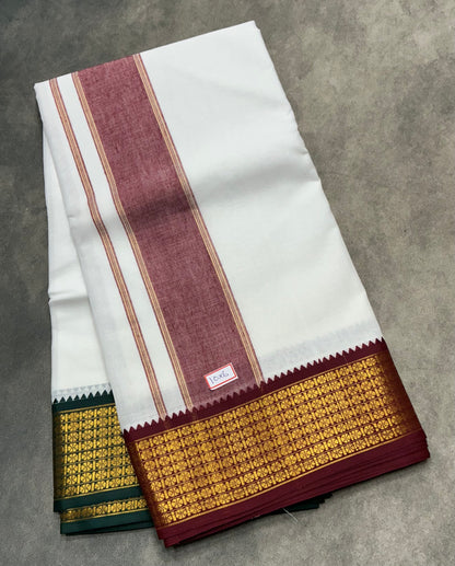 10X6 Cotton Dhoti White Colour with Large Maroon and Green Border