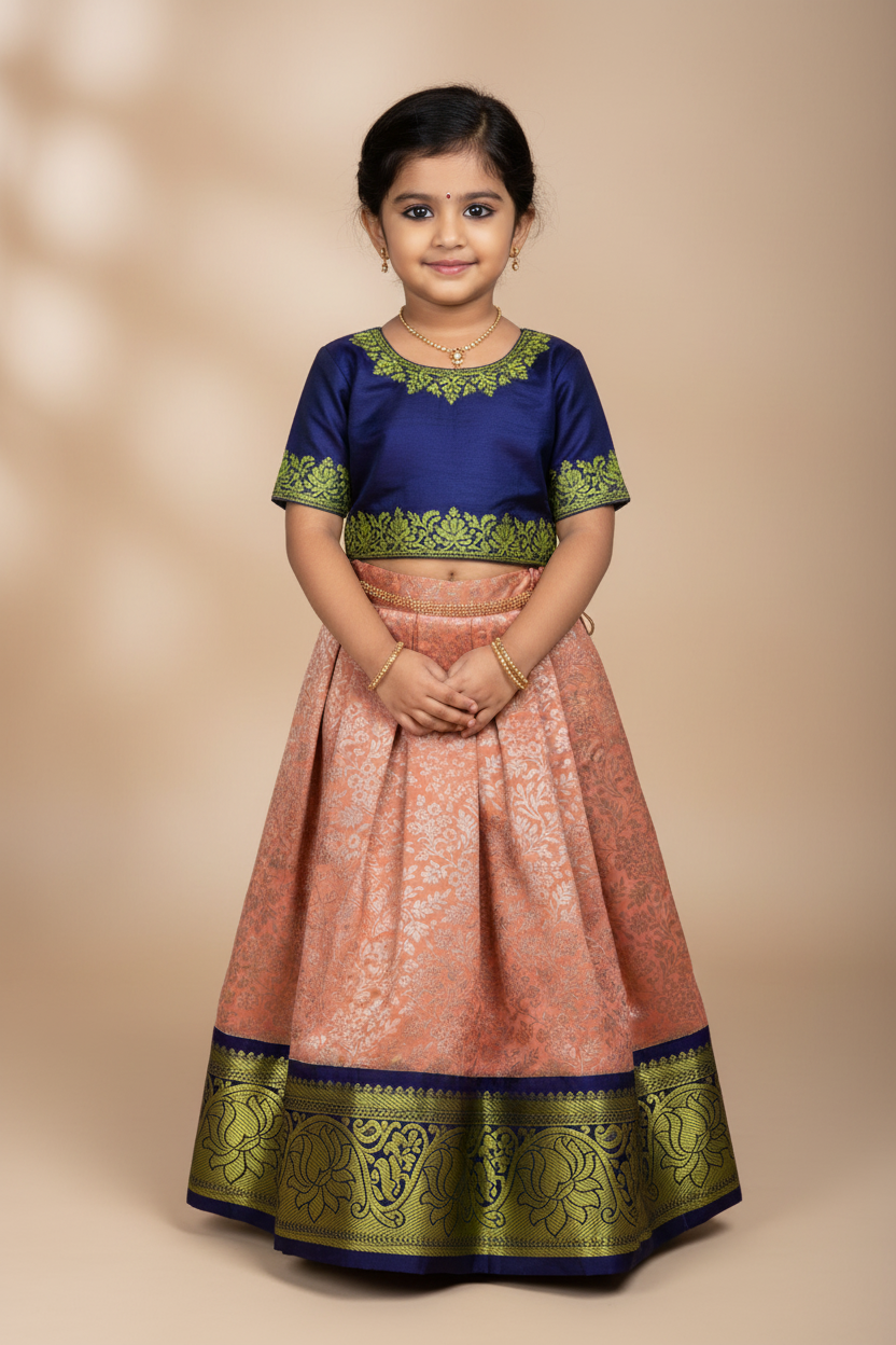 Light Peach Shade Vegan Silk Kids Pattu Pavadai with Contrast Border for Newborn to 2 Years