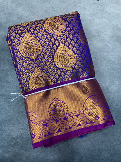 Vegan Silk Saree Blue Colour with Copper and Magenta Border