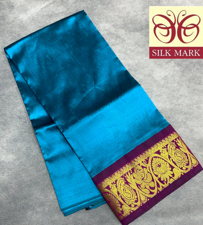 Peacock Blue Shade Pure Kanchipuram Kids Pattu Pavadai with Contrast Border for age 2 to 5