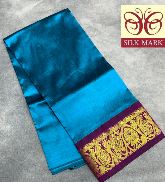 Peacock Blue Shade Pure Kanchipuram Kids Pattu Pavadai with Contrast Border for age 2 to 5