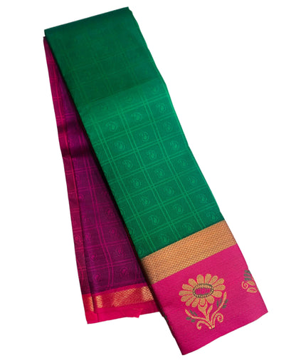 Synthetic Cotton Saree Green Shade with Pink Border