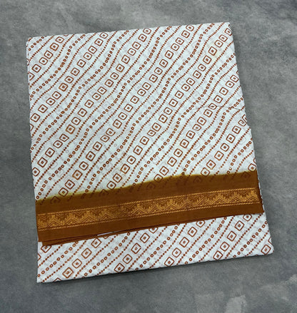 Chettinad Sungudi Cotton White Colour with Brown Colour Border