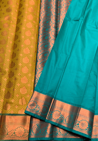 Vegan Silk Saree Lime Green Colour with Green and Copper Border