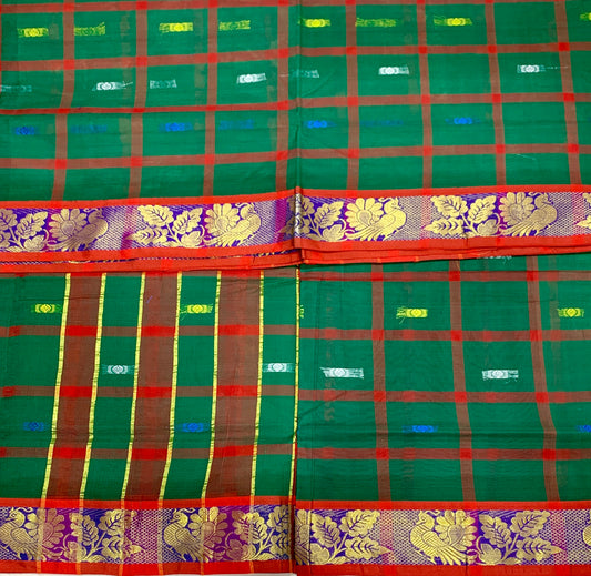 Chettinad Cotton Saree Dark Green Shade with Blue Border