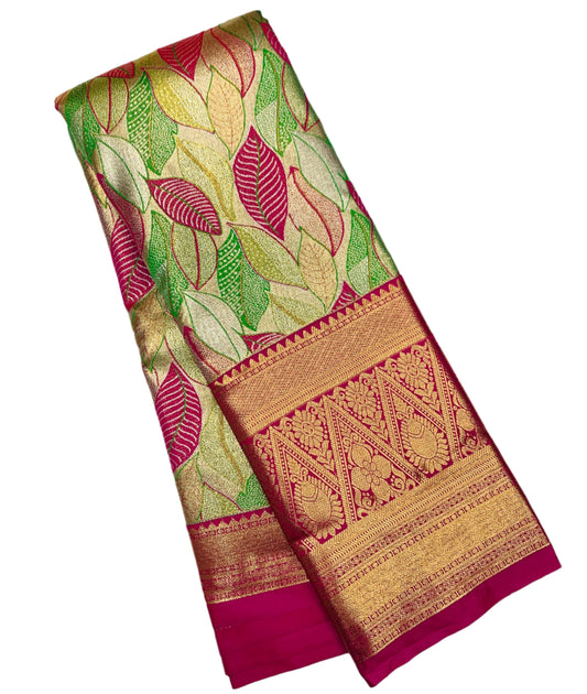 Light Green & Pink Leaf Soft Kanchi Tissue Pattu Saree with Pink border