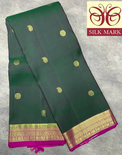 Pure Kanchipuram Silk Saree Green Colour with Golden Pink Border