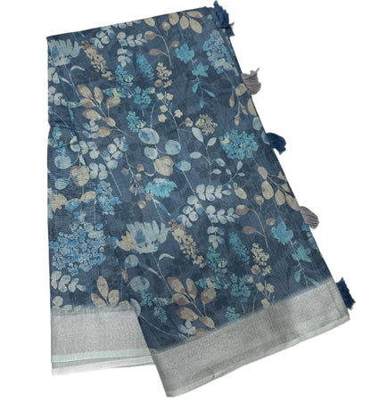 Jute Cotton Saree Blue with Thread Border