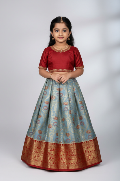Sky Blue Shade Vegan Silk Kids Pattu Pavadai with Contrast Border for age 2 to 5