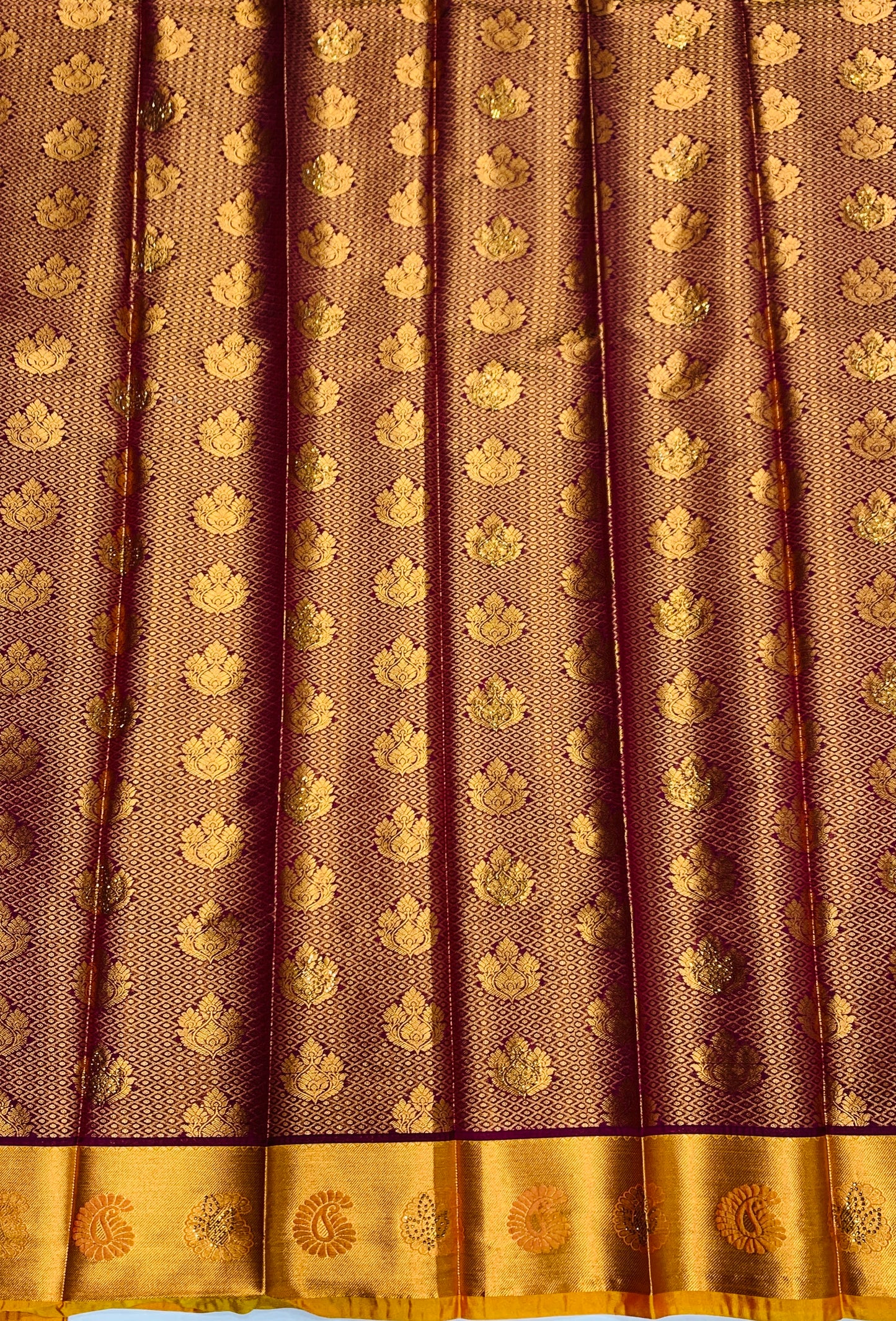 Vegan Silk Saree Brown Colour with Copper and Golden Yellow Border