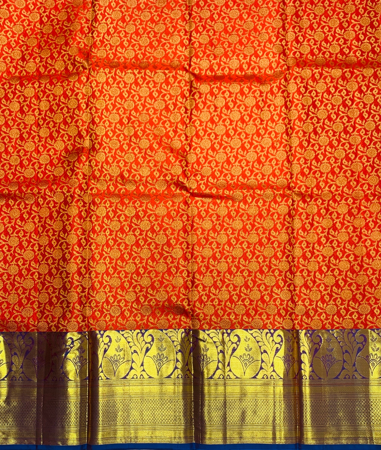 Red shade Pure Kanchipuram Kids Pattu Pavadai with contrast border for age 5 to 10