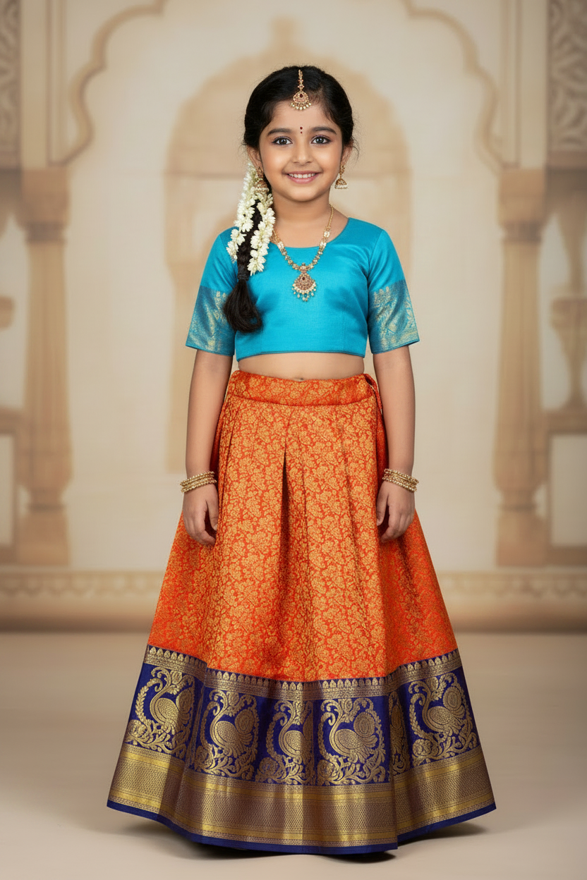 Red shade Pure Kanchipuram Kids Pattu Pavadai with contrast border for age 5 to 10