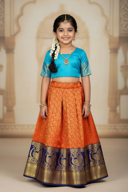 Red shade Pure Kanchipuram Kids Pattu Pavadai with contrast border for age 5 to 10
