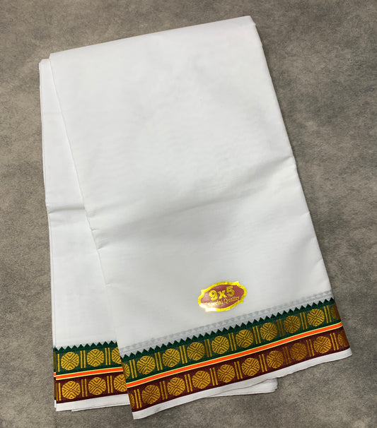 9X5 Cotton Dhoti White Colour with Brown and Green Border with Angavastarm