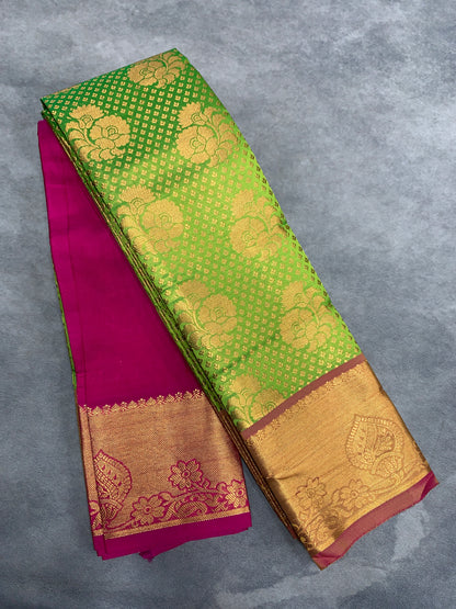 Vegan Silk Saree Apple Green Colour with Pink and Copper Border