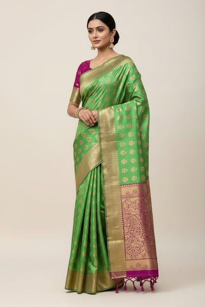 Vegan Silk Saree Apple Green Colour with Pink and Copper Border