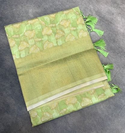 Banaras Katan Saree Apple Green Colour with Katan Work Border