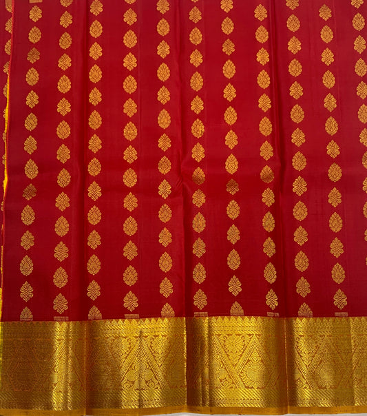 Red shade Pure kanchipuram Kids Pattu Pavadai with contrast border for newborn to 2 Years