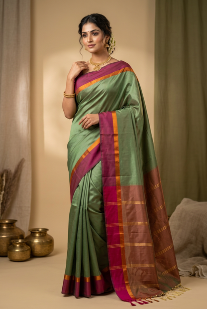 Art Silk Saree Pista Green Colour with Magenta and Copper Border