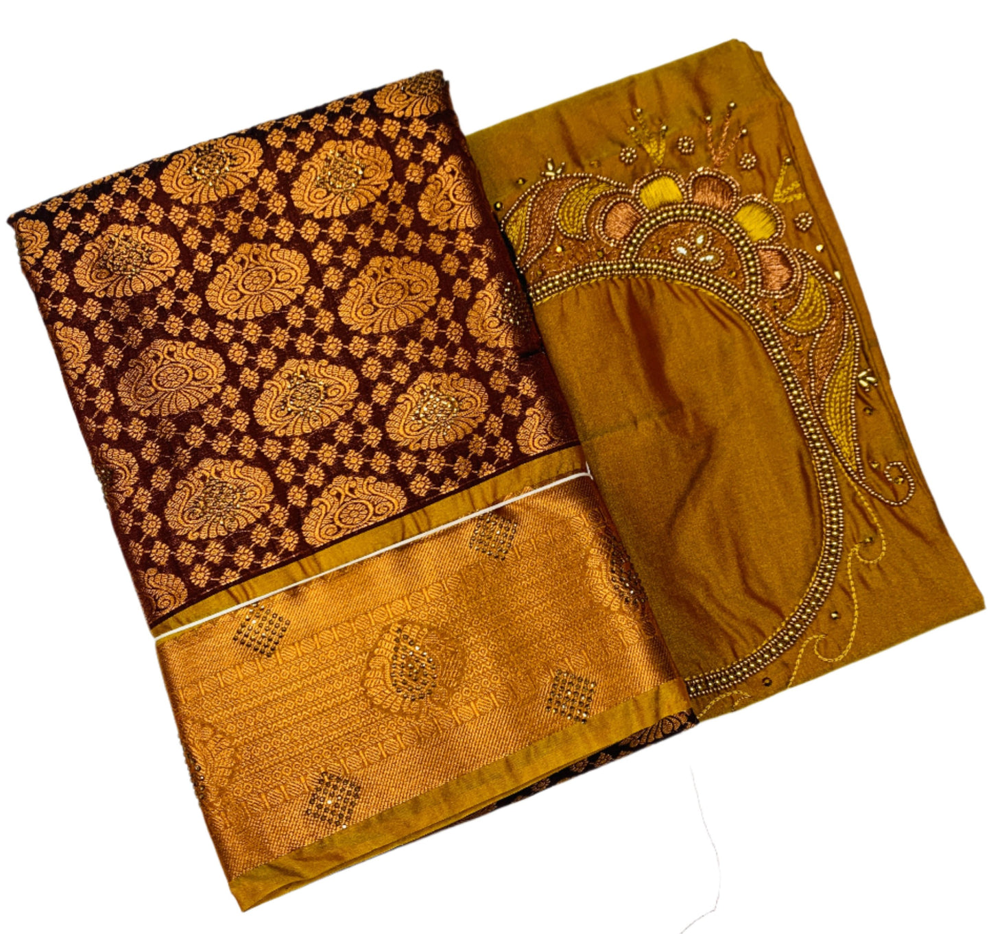 Bridal Vegan Silk Saree Brown shade with Mustard Border with Unstitched blouse in Aari work