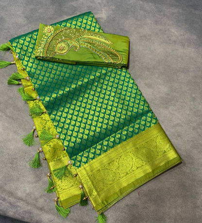 Bridal Vegan Silk Saree Green shade with lime Green Border with Unstitched blouse in Aari work
