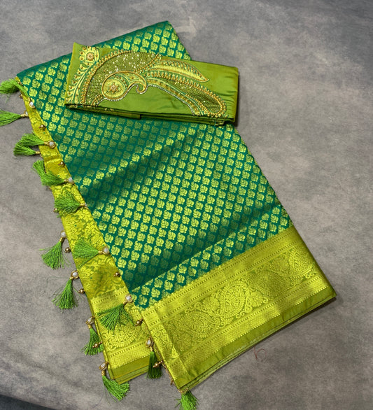 Bridal Vegan Silk Saree Green shade with lime Green Border with Unstitched blouse in Aari work