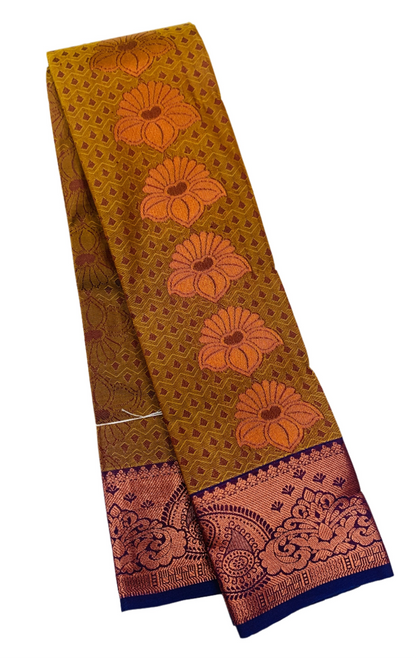 Vegan Silk Saree Mustard Colour with Copper and Blue Border