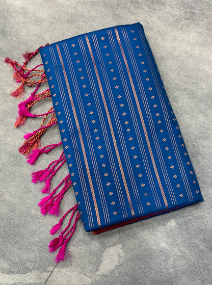 Soft Vegan Silk Saree Sky Blue Colour with Pink and Copper Border