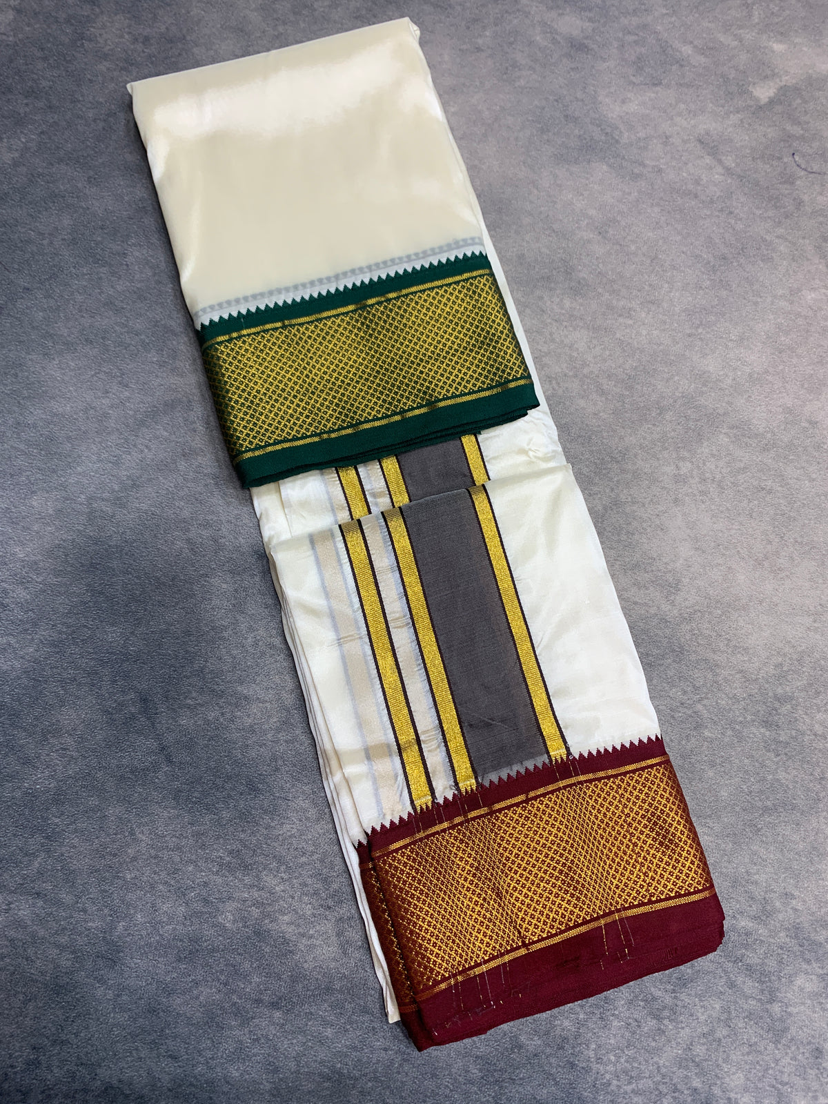 Art Silk Dhoti 8 Mulam Cream Colour with Large Ganga Jamuna( Green/Maroon) Border