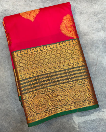 Soft Silk Casual Saree Tomato Pink Colour with Light Green and Golden Colour Border