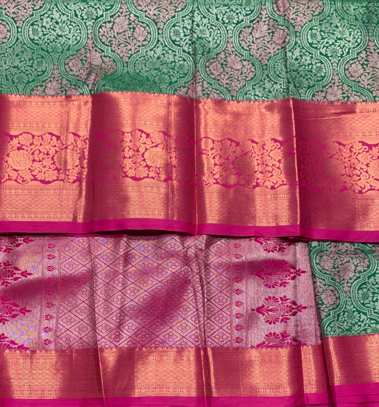 Bottle Green Colour Soft kanchi pattu with Pink Border