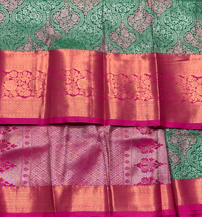 Bottle Green Colour Soft kanchi pattu with Pink Border