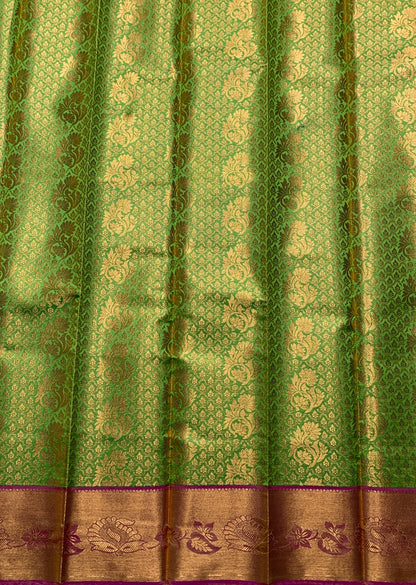 Vegan Silk Saree Apple Green Colour with Copper and Pink Border